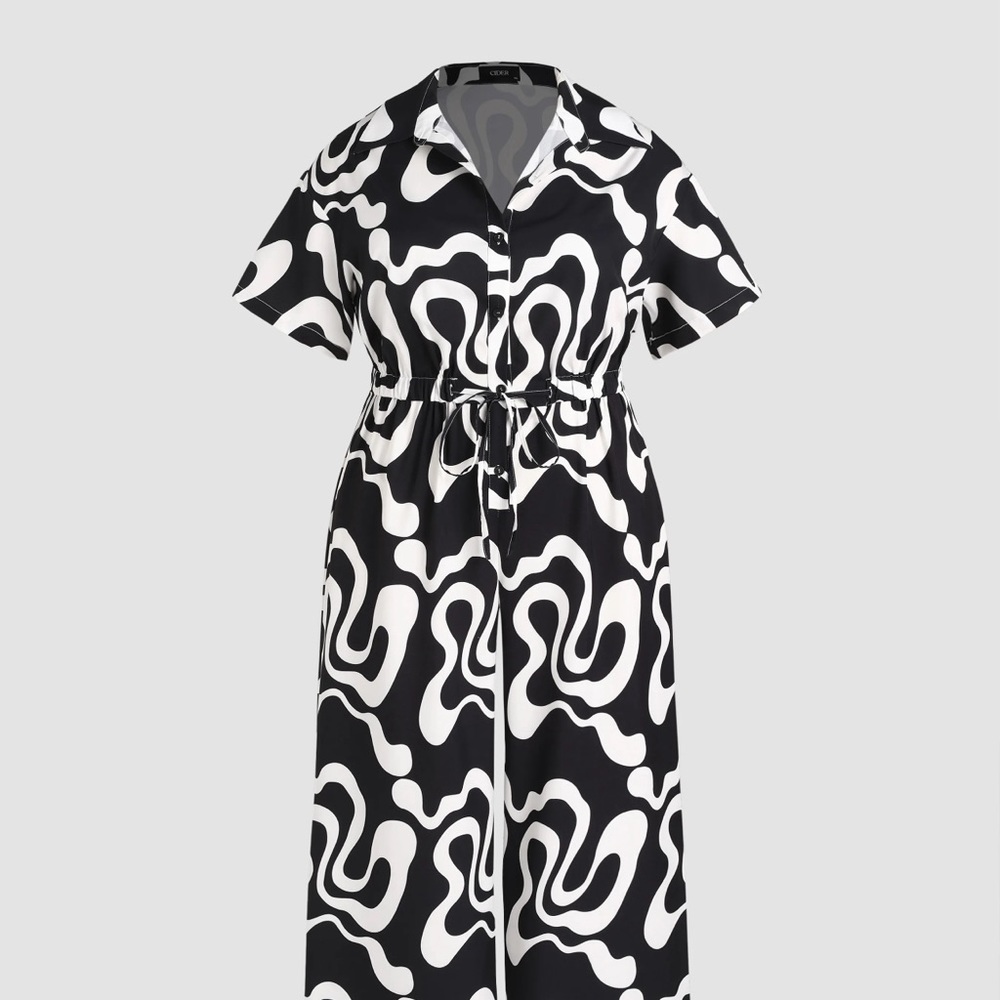 NWT Cider - Plus Size Short Sleeve Wave Print Drawstring Waist Jumpsuit
